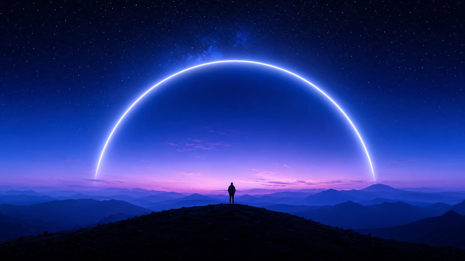 A lone figure on a ridge beneath a great arc of light at dusk