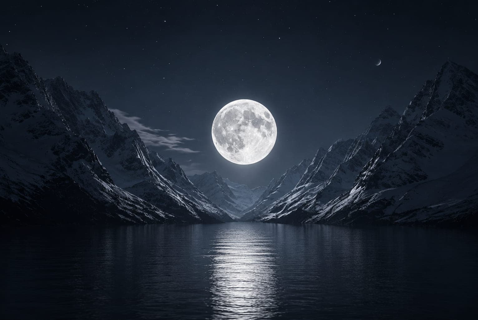 A full moon rising between two peaks over still water