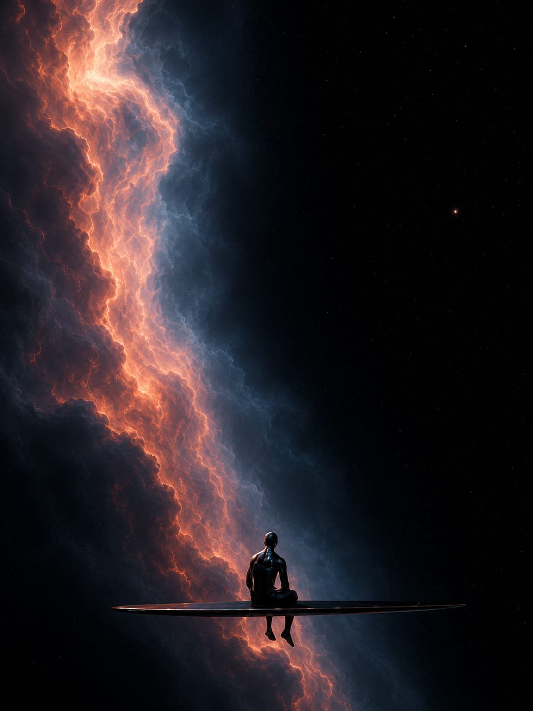 A figure on a narrow ledge before a wall of burning cloud
