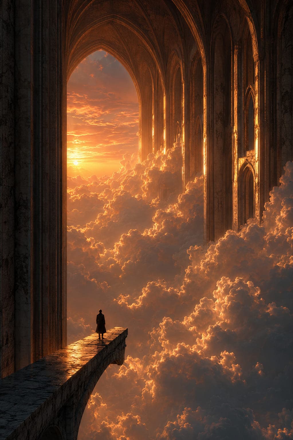 A figure on a stone ledge before a vast arch opening onto cloud